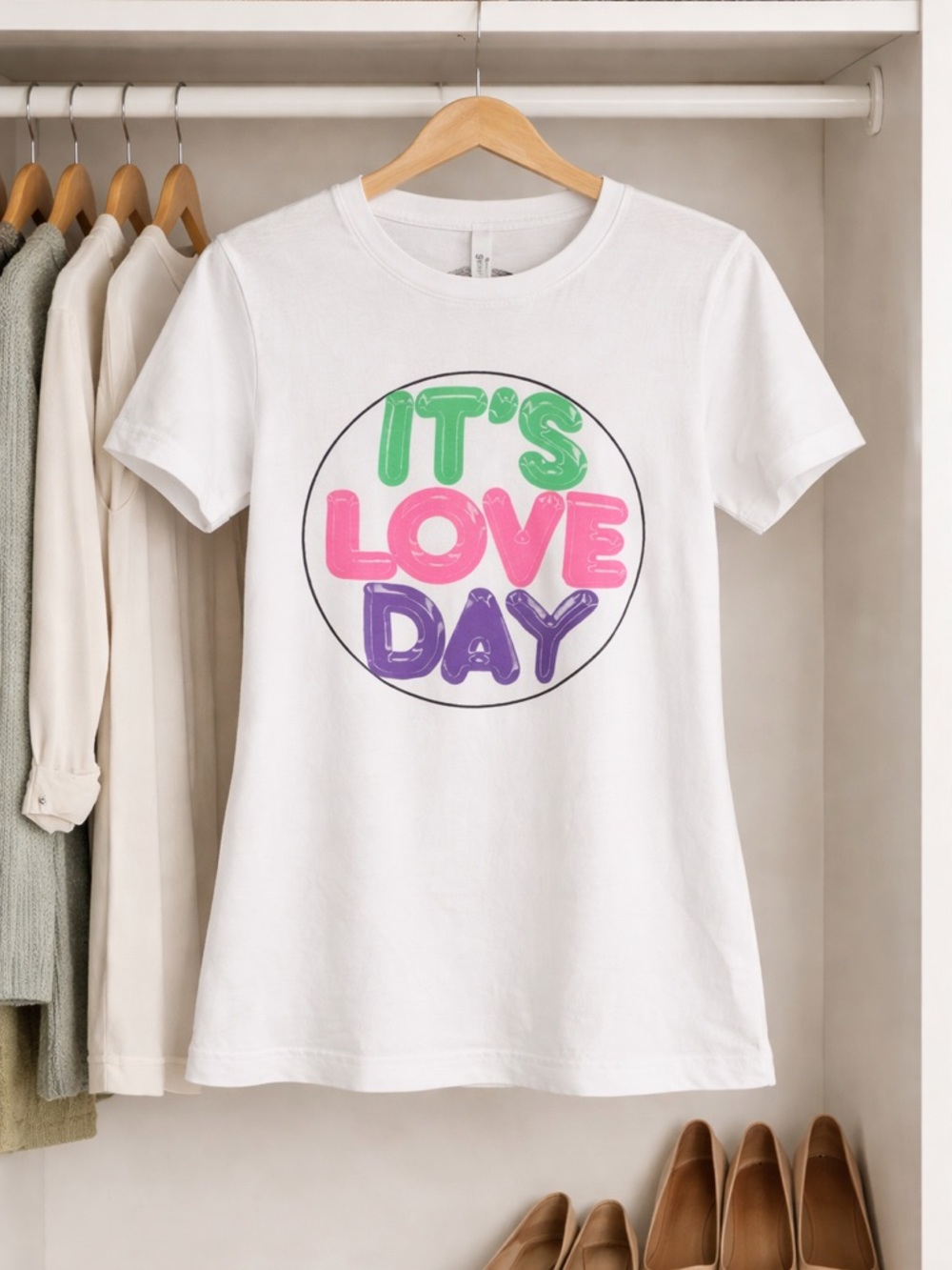 It’s Love Day Valentine’s Day pride Tee Womens Medium White Tshirt Bella canvas